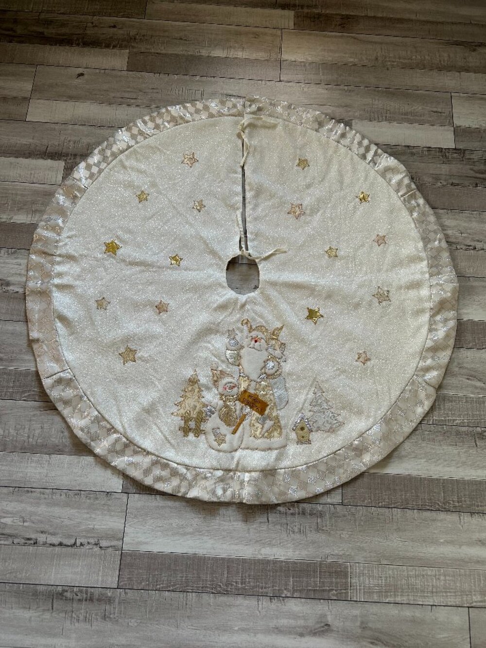 Sparkly Cream & Gold Christmas Tree Skirt Santa Snowman 45"